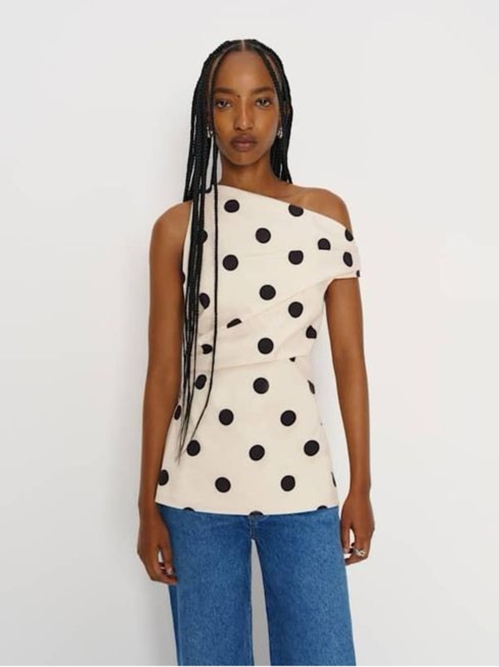 Polka Dot One-Shoulder Cream Top reformation dessa